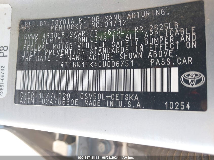 2012 Toyota Camry Se V6 VIN: 4T1BK1FK4CU006751 Lot: 39715118