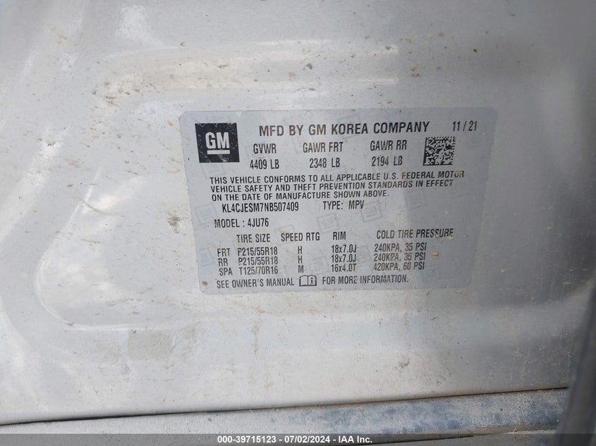 VIN KL4CJESM7NB507409 2022 BUICK ENCORE AWD PREFERRED