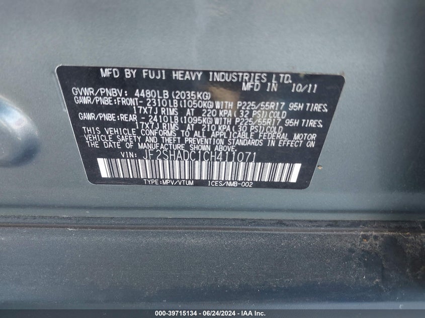 2012 Subaru Forester 2.5X Premium VIN: JF2SHADC1CH411071 Lot: 39715134