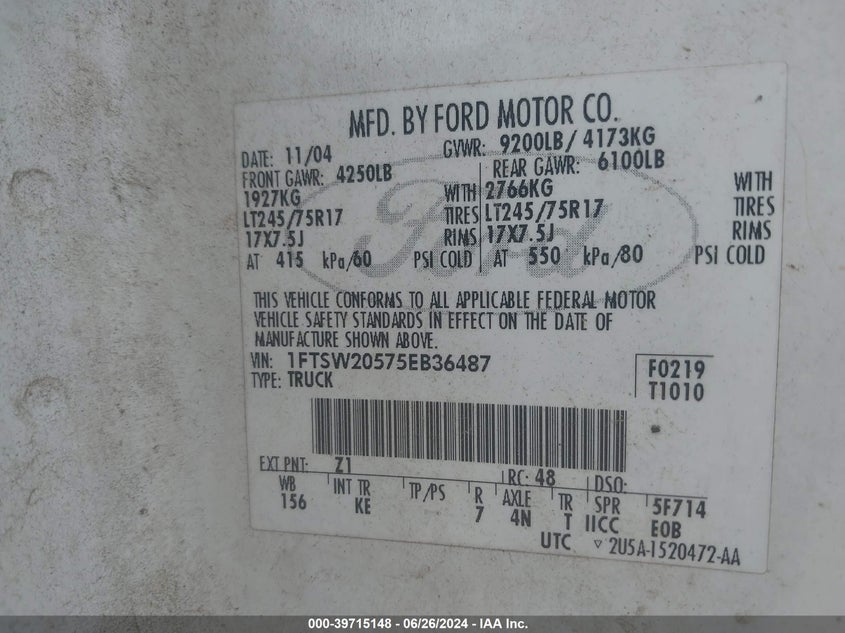 2005 Ford F-250 Lariat/Xl/Xlt VIN: 1FTSW20575EB36487 Lot: 39715148