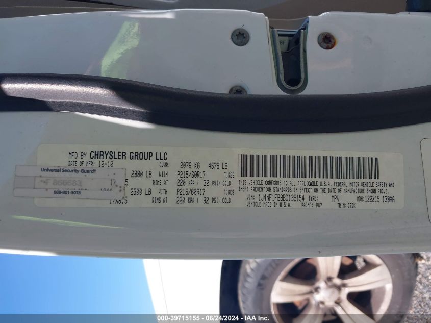 2011 Jeep Compass VIN: 1J4NF1FB8BD135154 Lot: 39715155