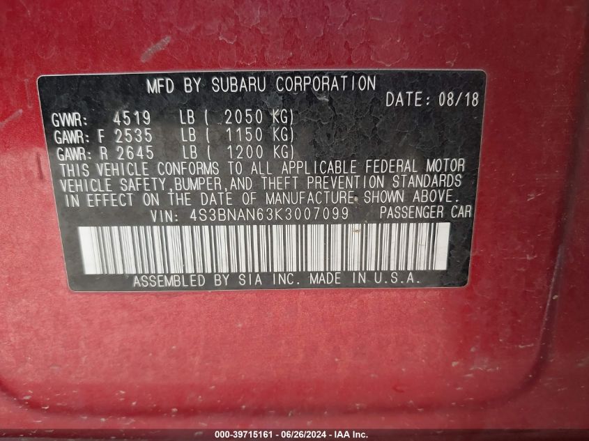 2019 Subaru Legacy 2.5I Limited VIN: 4S3BNAN63K3007099 Lot: 39715161