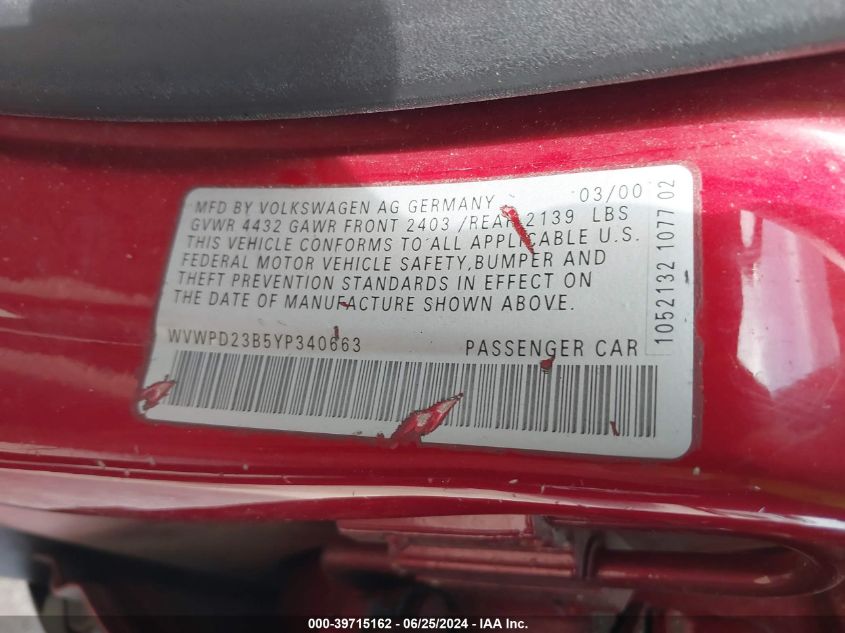 2000 Volkswagen Passat Glx VIN: WVWPD23B5YP340663 Lot: 39715162