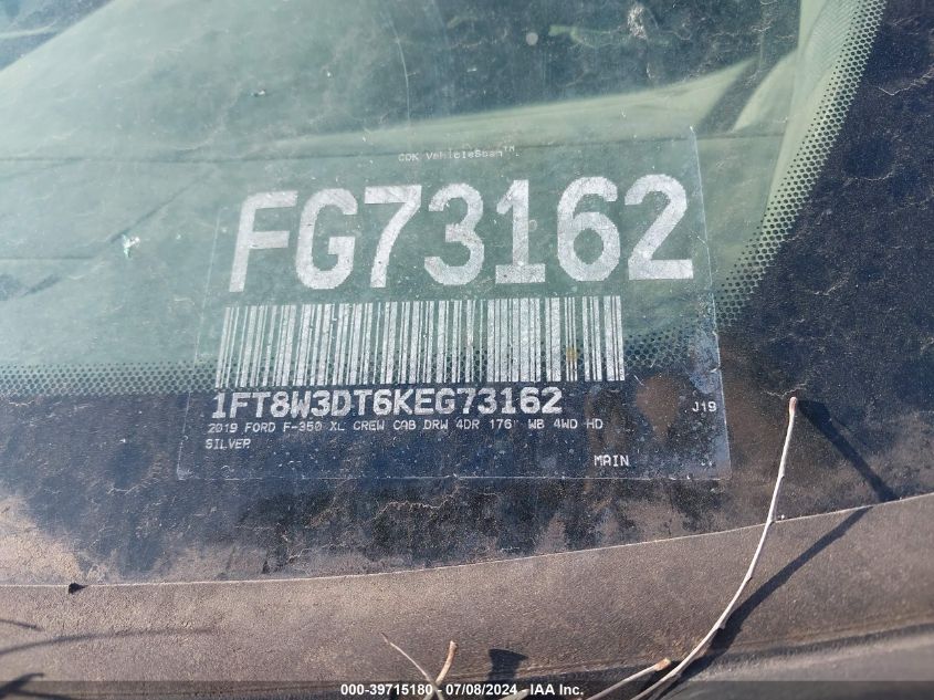2019 Ford F-350 Xl VIN: 1FT8W3DT6KEG73162 Lot: 39715180