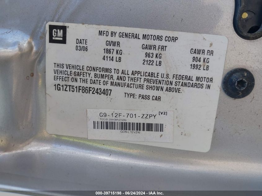 2006 Chevrolet Malibu Lt VIN: 1G1ZT51F86F243407 Lot: 39715198