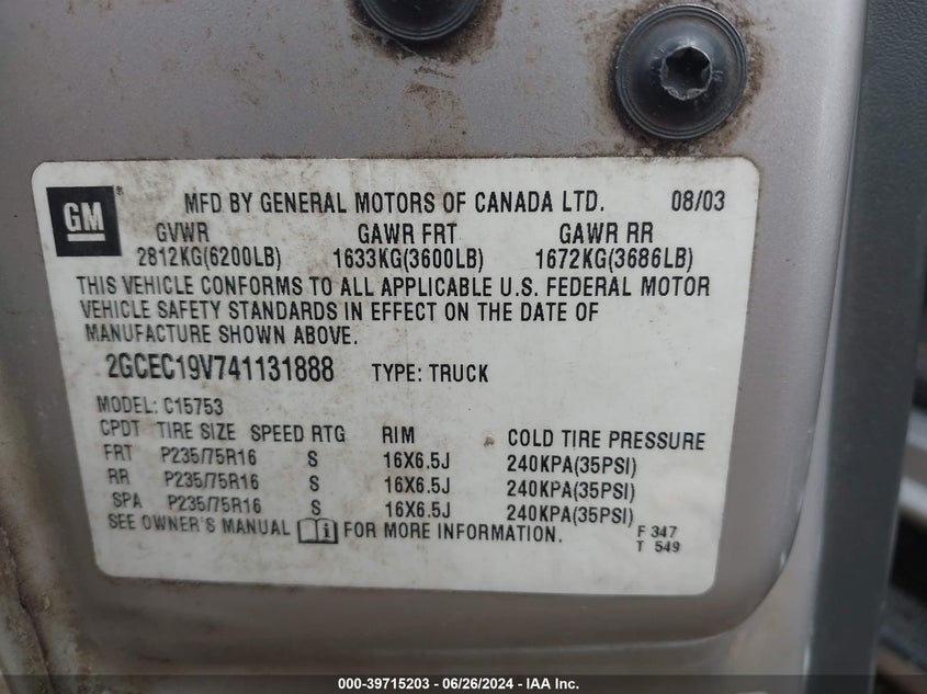 2004 Chevrolet Silverado 1500 Ls VIN: 2GCEC19V741131888 Lot: 39715203