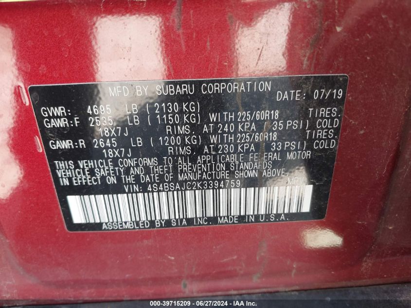 2019 Subaru Outback 2.5I Limited VIN: 4S4BSAJC2K3394759 Lot: 39715209