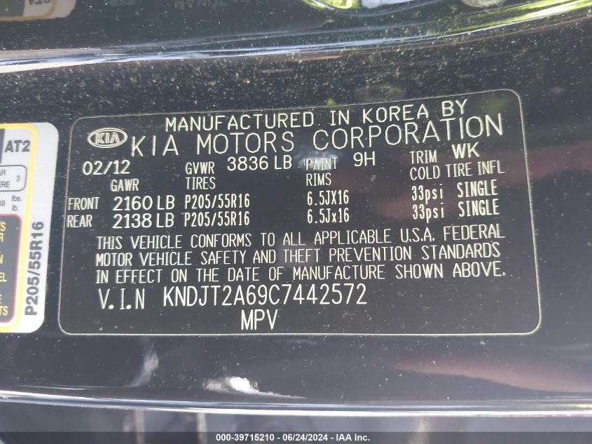 2012 Kia Soul + VIN: KNDJT2A69C7442572 Lot: 39715210