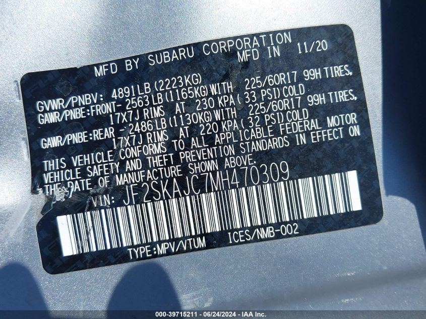 2021 Subaru Forester Premium VIN: JF2SKAJC7MH470309 Lot: 39715211