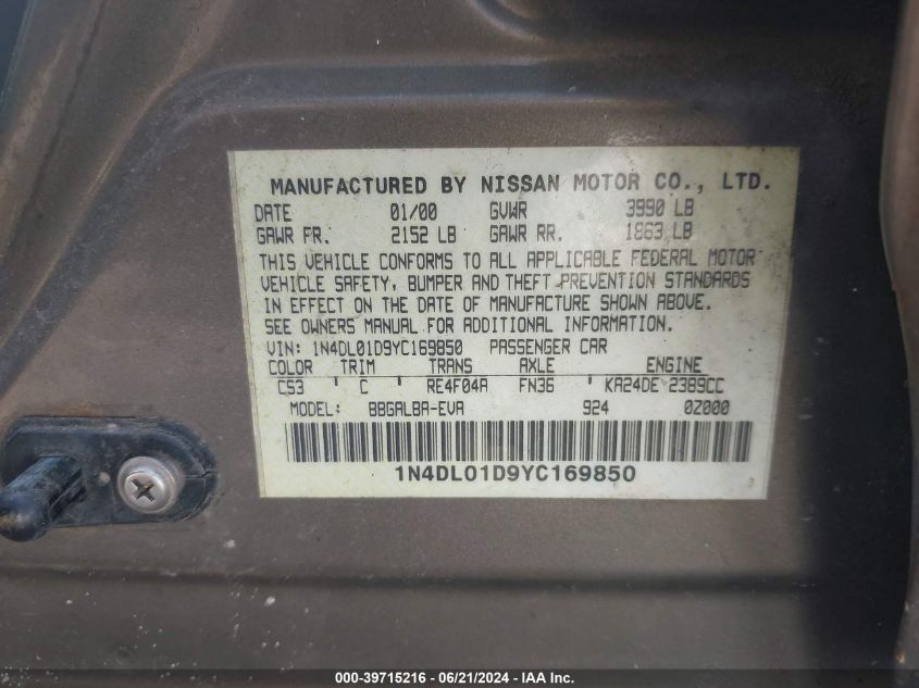 1N4DL01D9YC169850 2000 Nissan Altima Gle/Gxe/Se/Xe