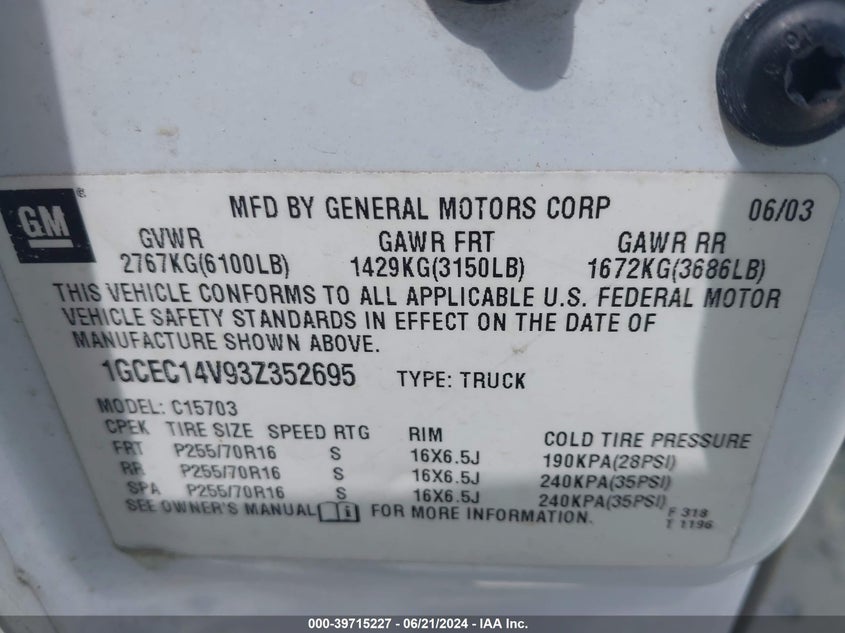 2003 Chevrolet Silverado 1500 Ls VIN: 1GCEC14V93Z352695 Lot: 39715227