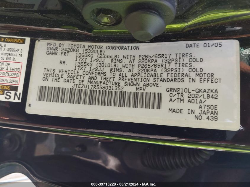 2005 Toyota 4Runner Limited V6 VIN: JTEZU17R558031352 Lot: 39715228