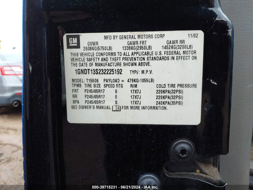 2003 Chevrolet Trailblazer Ltz VIN: 1GNDT13S232225192 Lot: 39715231