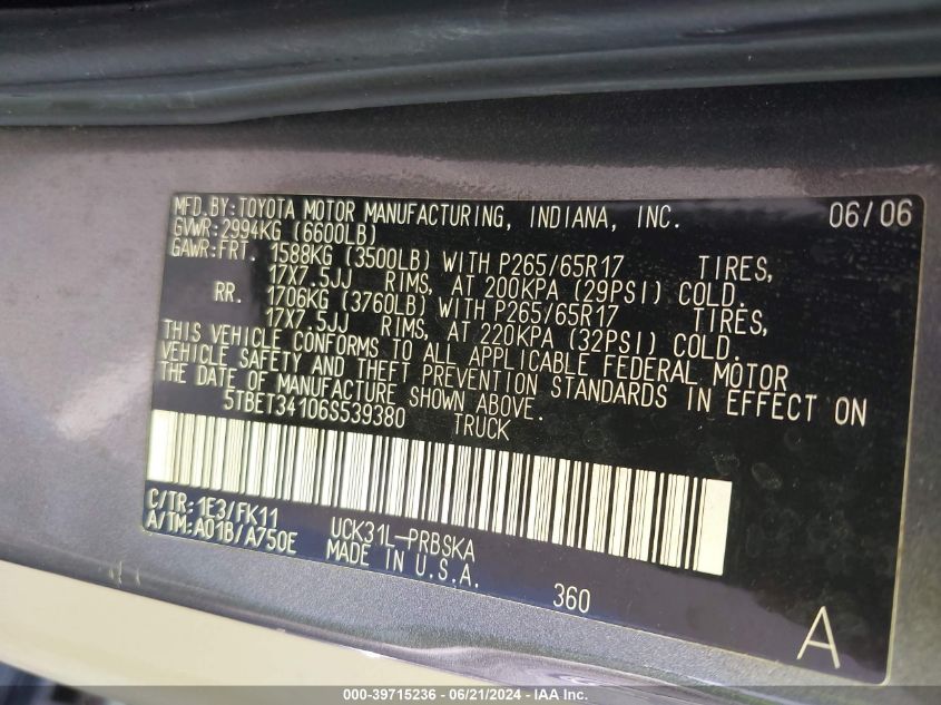 2006 Toyota Tundra Double Cab Sr5 VIN: 5TBET34106S539380 Lot: 39715236