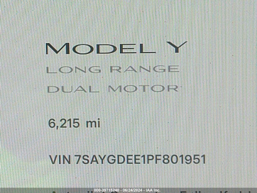 2023 Tesla Model Y VIN: 7SAYGDEE1PF801951 Lot: 39715240