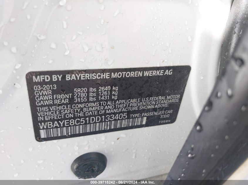 2013 BMW 750Li VIN: WBAYE8C51DD133405 Lot: 39715242