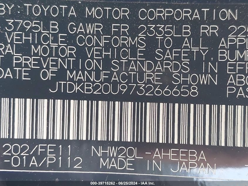 2007 Toyota Prius VIN: JTDKB20U973266658 Lot: 39715262