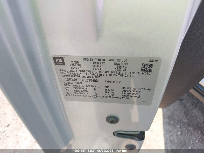 2012 Chevrolet Traverse 1Lt VIN: 1GNKRGED7CJ394931 Lot: 39715267