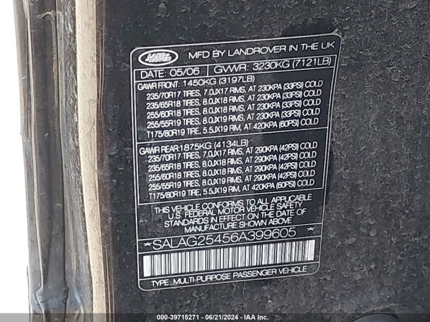 2006 Land Rover Lr3 V8 Hse VIN: SALAG25456A399605 Lot: 39715271
