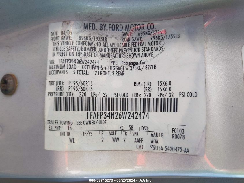 1FAFP34N26W242474 2006 Ford Focus Zx4