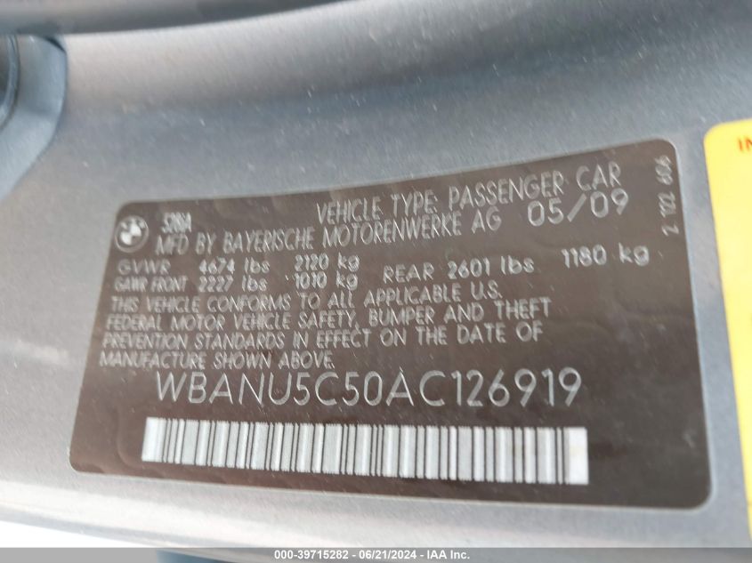 2010 BMW 528I VIN: WBANU5C50AC126919 Lot: 39715282
