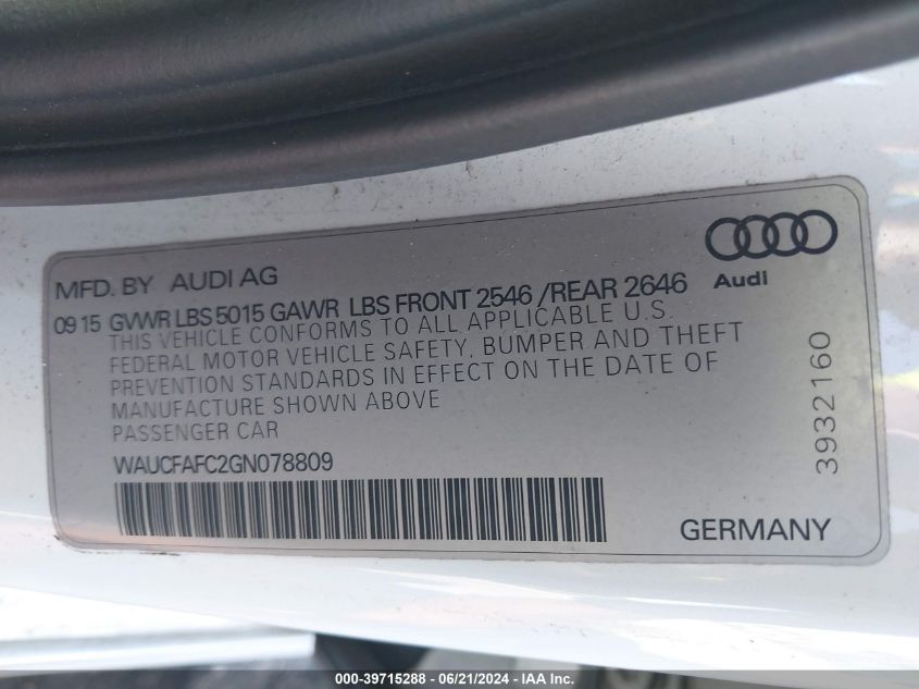 2016 Audi A6 Premium VIN: WAUCFAFC2GN078809 Lot: 39715288