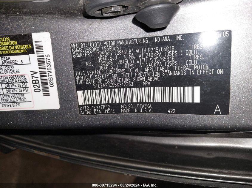 2005 Toyota Sienna Le VIN: 5TDZA23C95S342363 Lot: 39715294