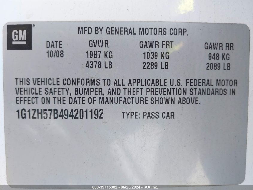 2009 Chevrolet Malibu Lt VIN: 1G1ZH57B494201192 Lot: 39715302