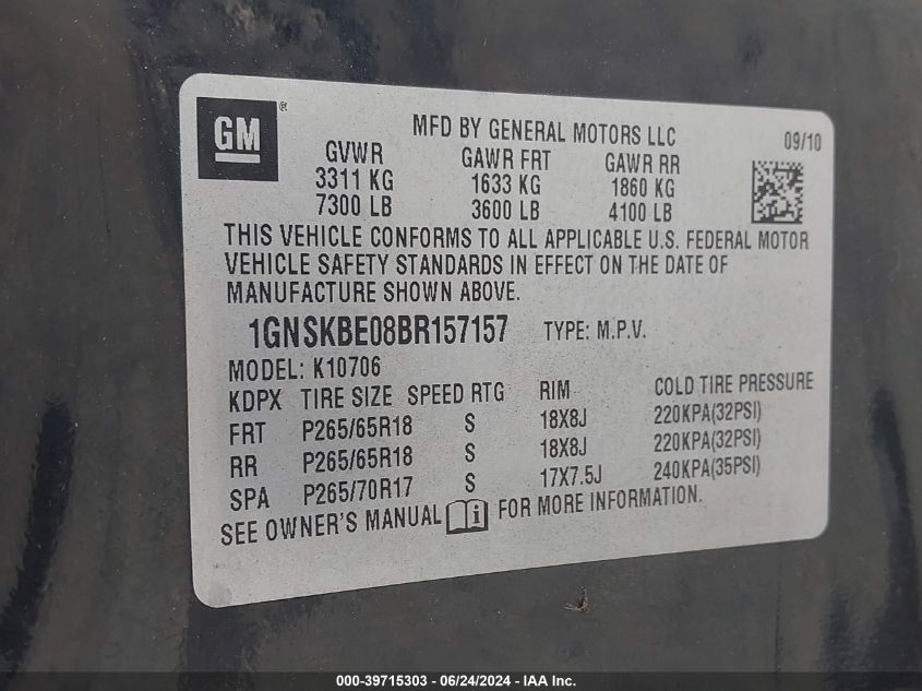 2011 Chevrolet Tahoe Lt VIN: 1GNSKBE08BR157157 Lot: 39715303