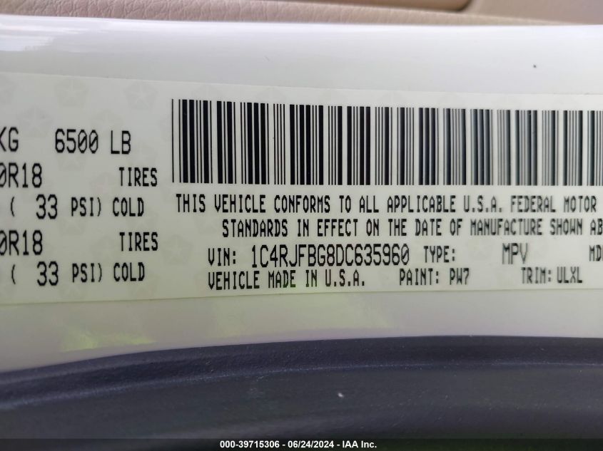 2013 Jeep Grand Cherokee Limited VIN: 1C4RJFBG8DC635960 Lot: 39715306