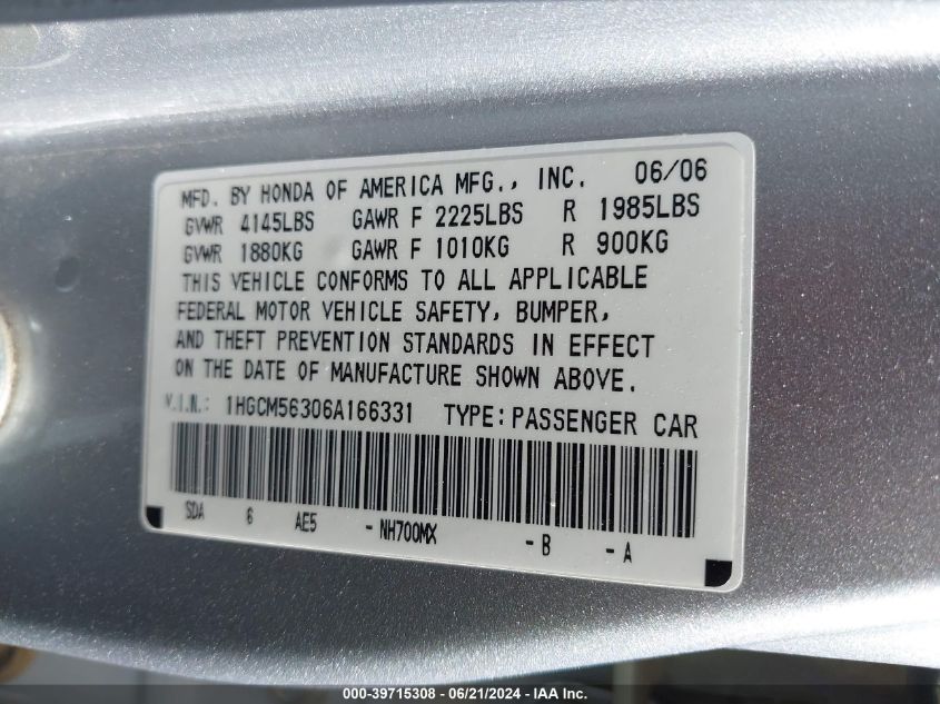 2006 Honda Accord 2.4 Se VIN: 1HGCM56306A166331 Lot: 39715308