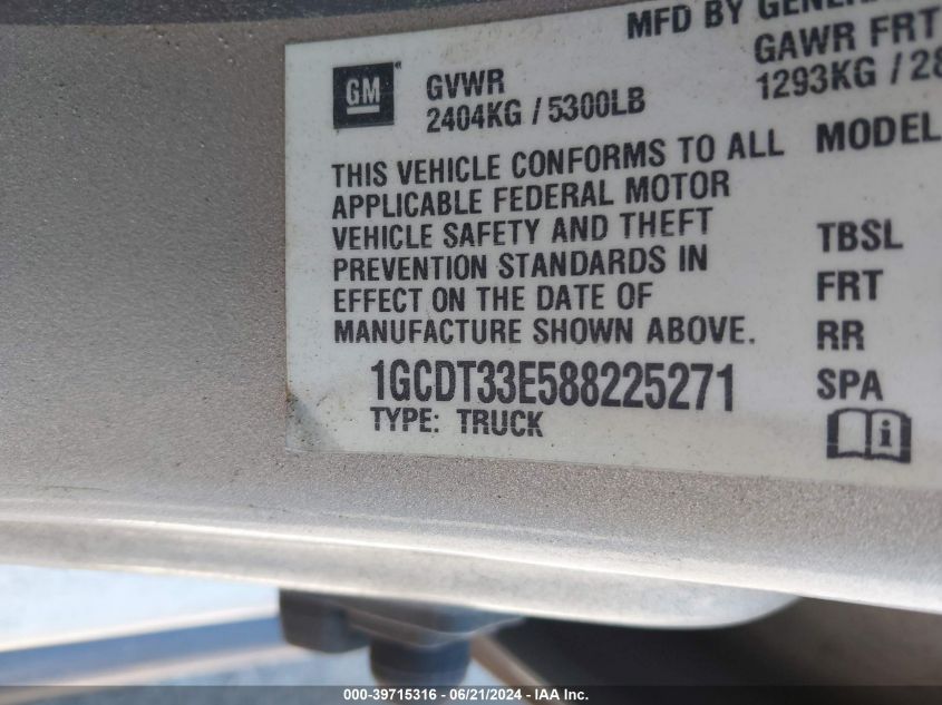 2008 Chevrolet Colorado Lt VIN: 1GCDT33E588225271 Lot: 39715316