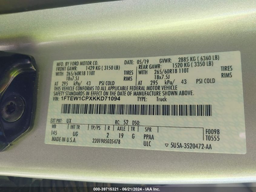 2019 Ford F-150 Xlt VIN: 1FTEW1CPXKKD71094 Lot: 39715321
