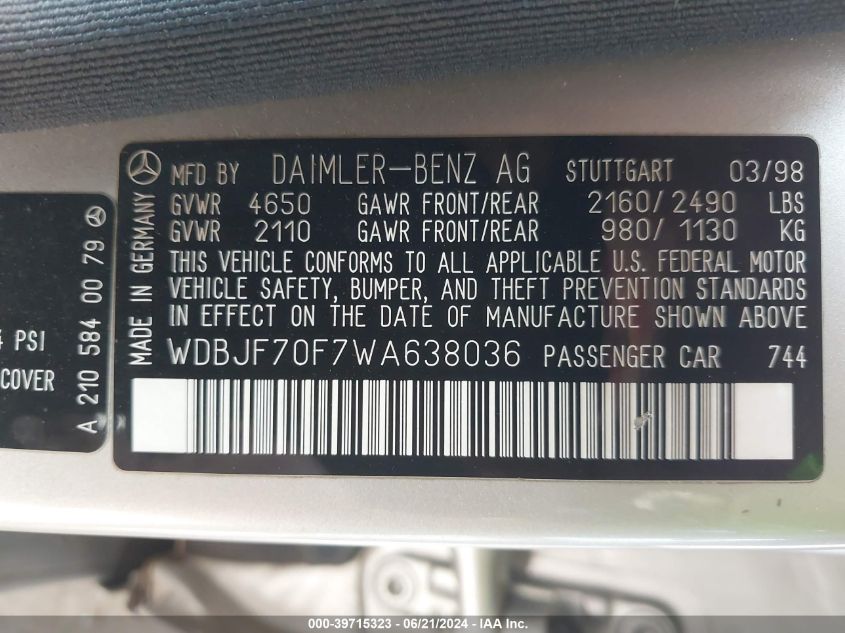 1998 Mercedes-Benz E 430 VIN: WDBJF70F7WA638036 Lot: 39715323