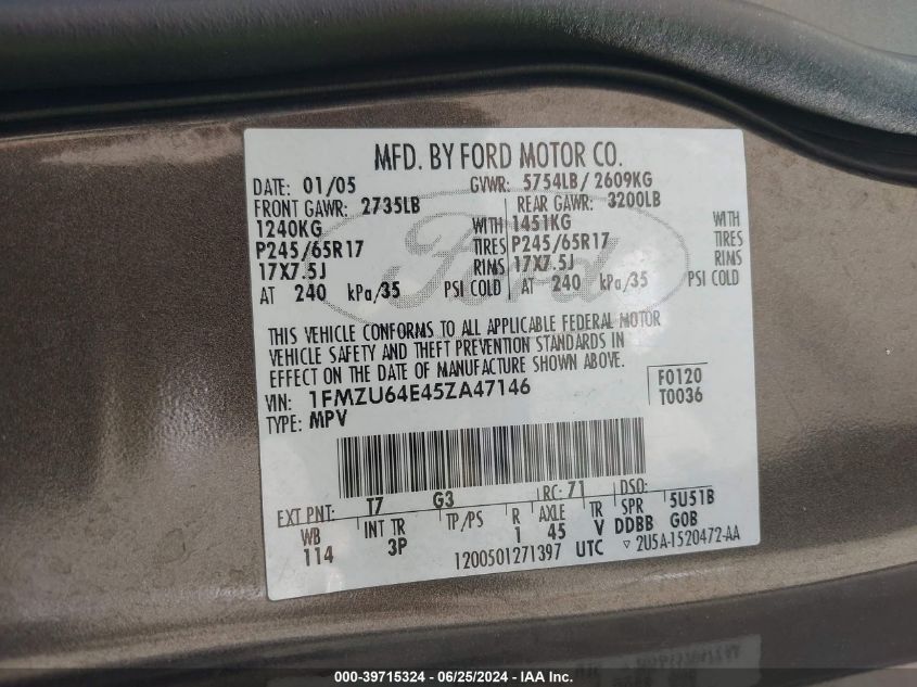 2005 Ford Explorer Eddie Bauer VIN: 1FMZU64E45ZA47146 Lot: 39715324