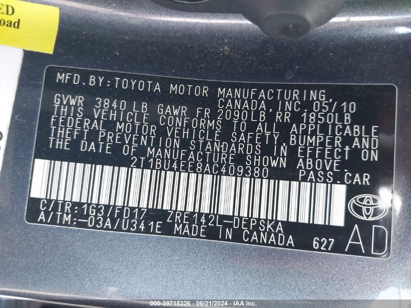 2010 Toyota Corolla S VIN: 2T1BU4EE8AC409380 Lot: 39715326