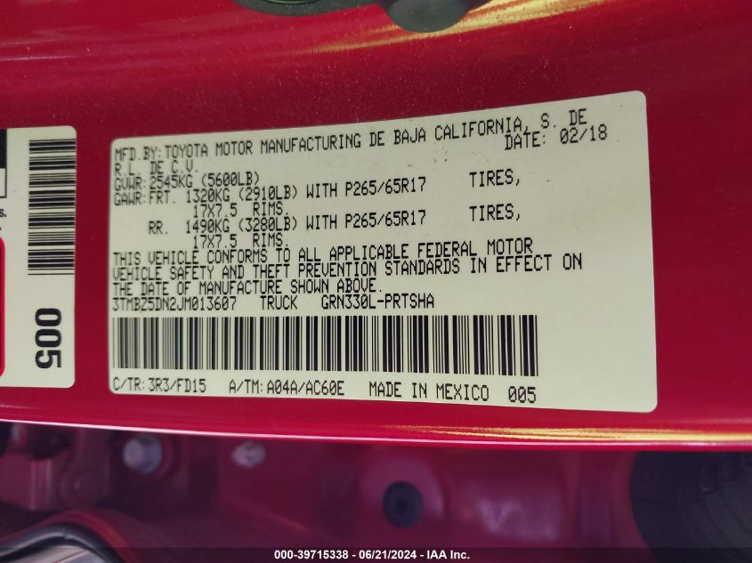 2018 Toyota Tacoma Trd Sport VIN: 3TMBZ5DN2JM013607 Lot: 39715338