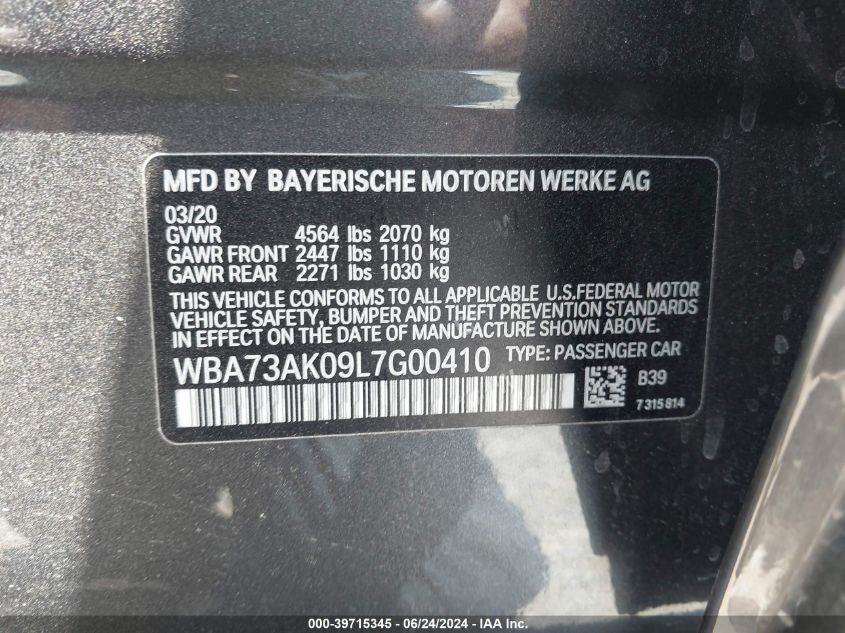 2020 BMW 228I Gran Coupe xDrive VIN: WBA73AK09L7G00410 Lot: 39715345