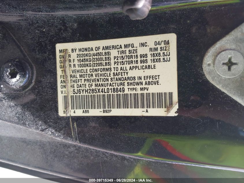 2004 Honda Element Ex VIN: 5J6YH285X4L018849 Lot: 39715349