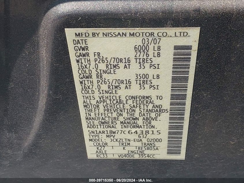 2007 Nissan Pathfinder Se VIN: 5N1AR18W77C643815 Lot: 39715350