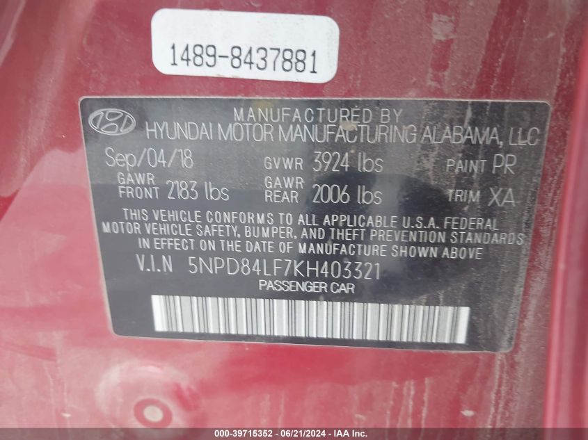 2019 Hyundai Elantra Sel VIN: 5NPD84LF7KH403321 Lot: 39715352