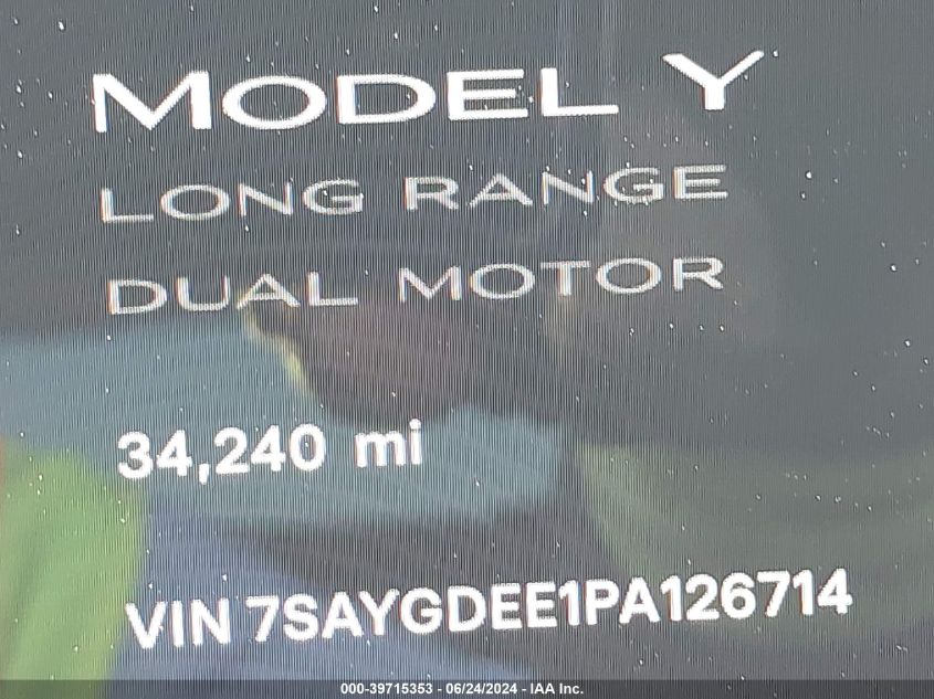 2023 Tesla Model Y Awd/Long Range Dual Motor All-Wheel Drive VIN: 7SAYGDEE1PA126714 Lot: 39715353