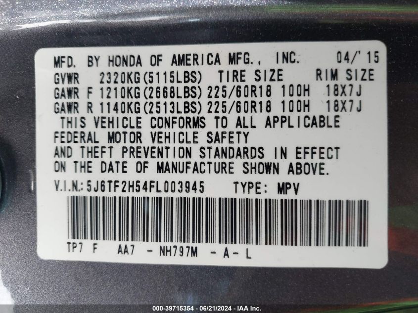 2015 Honda Crosstour Ex-L V6 VIN: 5J6TF2H54FL003945 Lot: 39715354