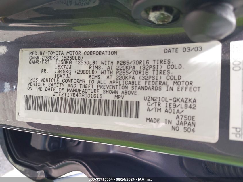 2003 Toyota 4Runner Limited V8 VIN: JTEZT17R438001615 Lot: 39715364