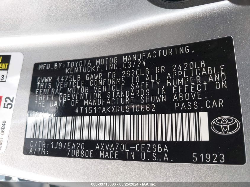 4T1G11AKXRU910662 2024 Toyota Camry Se