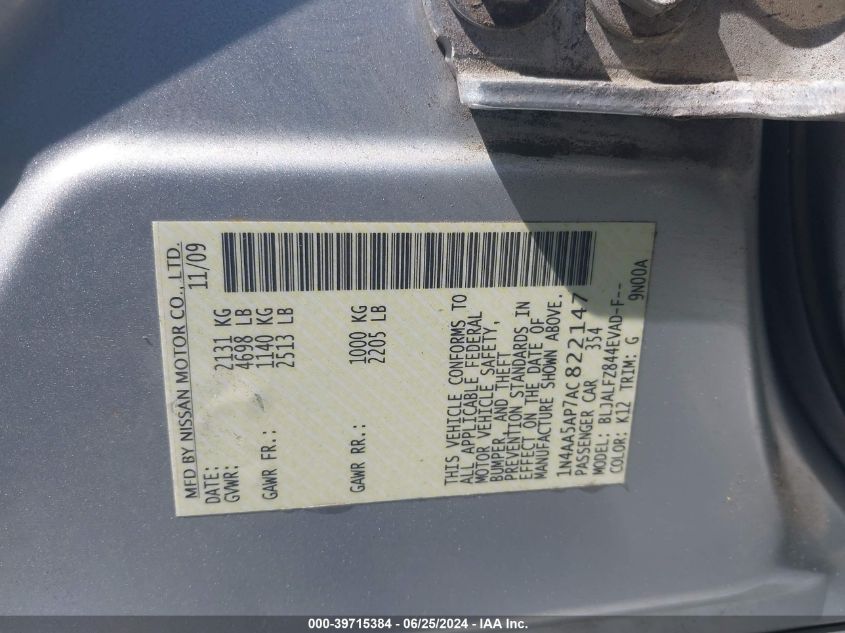 2010 Nissan Maxima S/Sv VIN: 1N4AA5AP7AC822147 Lot: 39715384