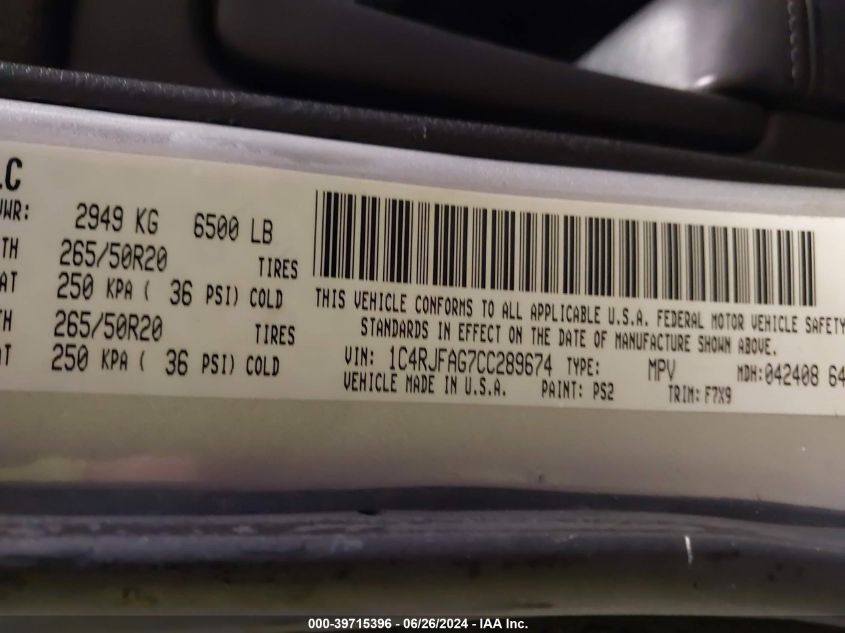 2012 Jeep Grand Cherokee Laredo VIN: 1C4RJFAG7CC289674 Lot: 39715396