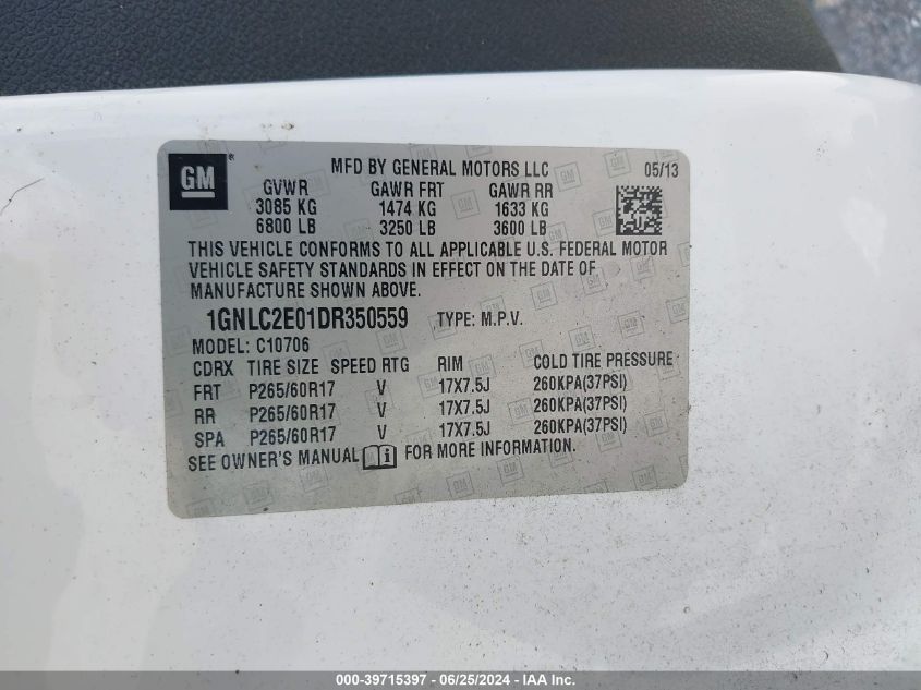 2013 Chevrolet Tahoe Commercial Fleet VIN: 1GNLC2E01DR350559 Lot: 39715397