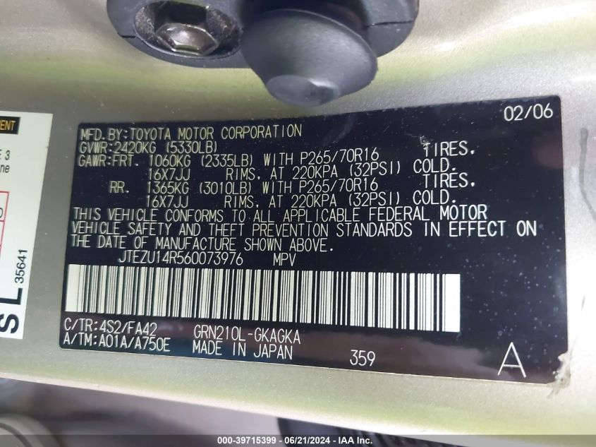 2006 Toyota 4Runner Sr5 V6 VIN: JTEZU14R560073976 Lot: 39715399