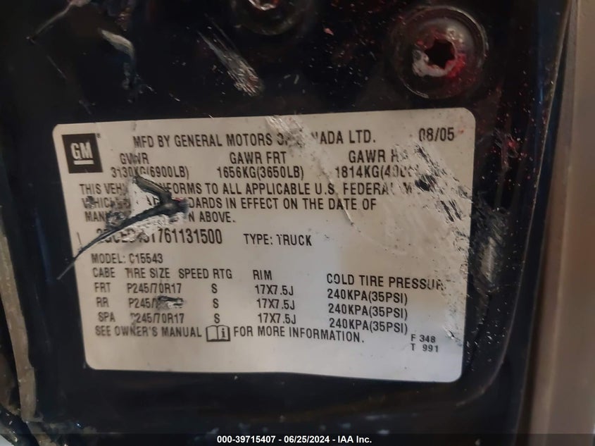 2006 Chevrolet Silverado 1500 Lt1 VIN: 2GCEC13T761131500 Lot: 39715407